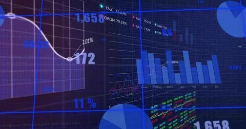 Data dashboard animating as camera panning, charts updating, numbers changing, Stock Illustration