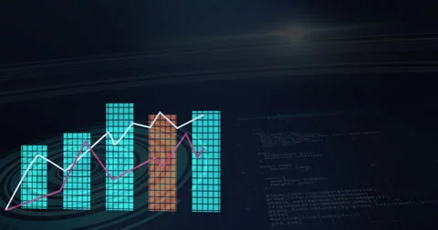 Data dashboard being animated showing pixel bars with jagged line graphs over Stock Footage 307443086