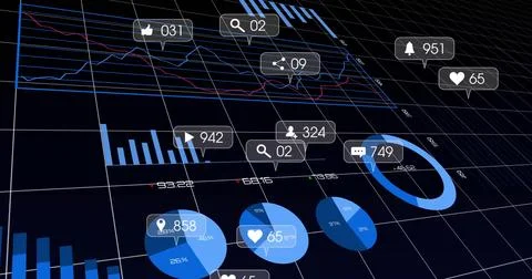 Data dashboard displaying financial metrics in virtual interface, with 3D charts Illustrazione stock
