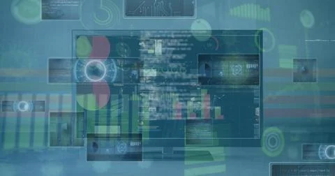 Data dashboard displaying panels showing charts and code in virtual control hub, Stock Photos
