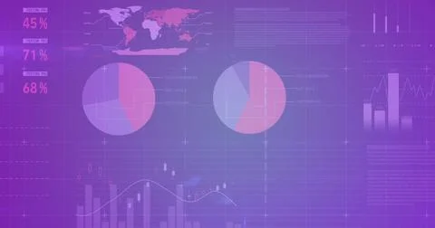 Data dashboard floating on grid, showing percentage metrics world map, pie, bar Stock Photos