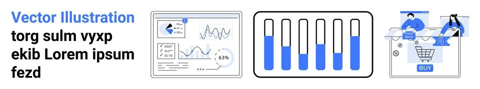 Data dashboard with graphs and charts, blue bar graph, and online shopping wi Ilustración de archivo