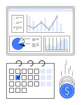 Data Dashboard with Graphs, Calendar, and Coins Representing Financial Mana.. Stock Illustration