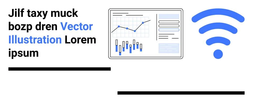 Data dashboard with graphs, text blocks, and bars, accompanied by a blue wire Illustrazione stock