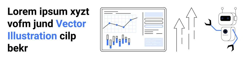 Data dashboard with graphs, upward arrows, and a robot. Ideal for analytics,  Illustrazione stock