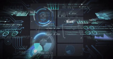 Data dashboard initiating refresh for metrics, rotating gauges growing cyan Stock Footage 334115383