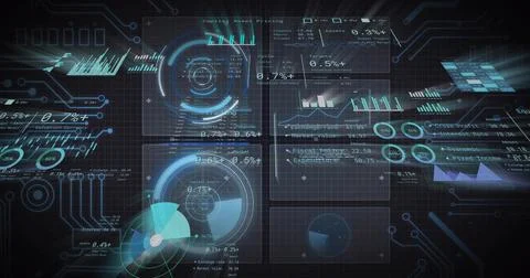 Data dashboard initiating refresh for metrics, rotating gauges growing cyan Stock Illustration