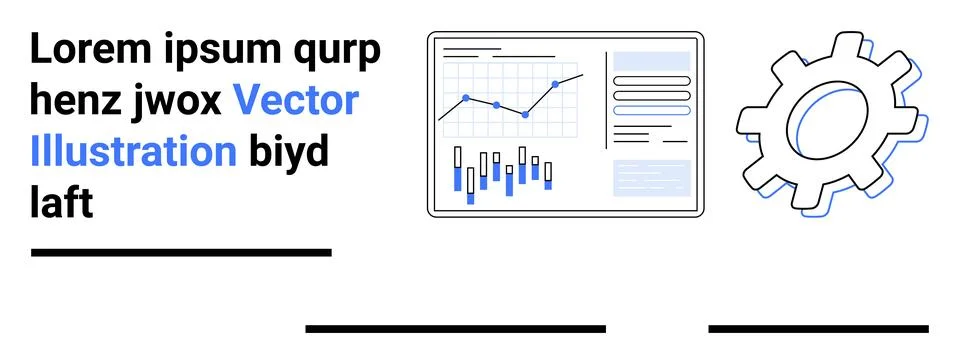 Data dashboard with line graphs, bar charts, and analytics. Gear symbol repre Illustrazione stock