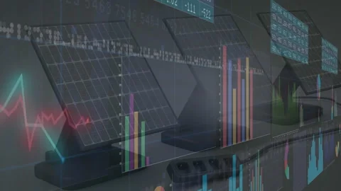 Data dashboard monitors cycling through flat design charts after ticker scroll Stock Footage 310972169