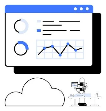Data dashboard with pie charts and line graphs, medical robot performing surg イラスト素材