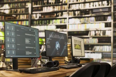 Data dashboard presentation on library computer monitors and desk Stock Photos