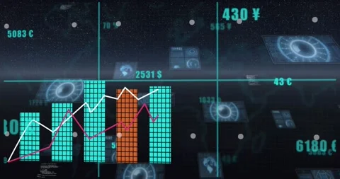 Data dashboard receiving feed, bars filling right while white magenta lines Stock Footage 331161243