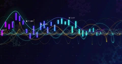 Data dashboard showing neon waves and candlestick bars in dark UI, with data Illustrazione stock
