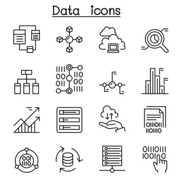 Data, database, graph, chart, diagram icon set in thin line style Illustrazione stock