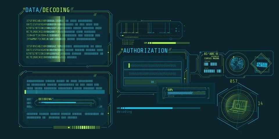 Data decoding program screen with authorization window. 스톡 일러스트