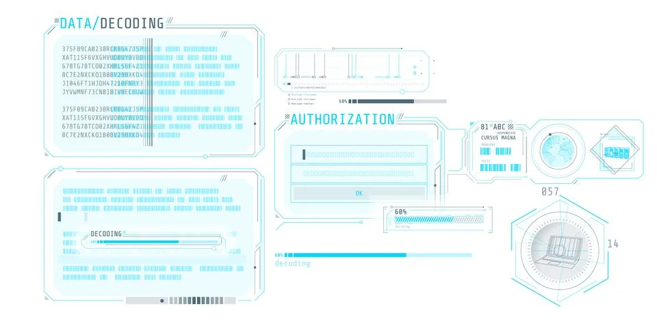 Data decoding program screen with authorization window. Illustrazione stock