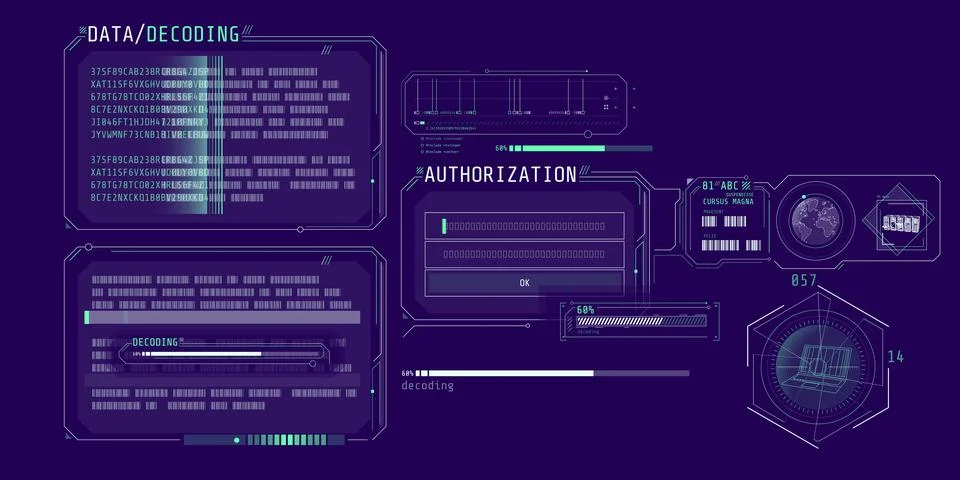 Data decoding program screen with authorization window. Illustrazione stock