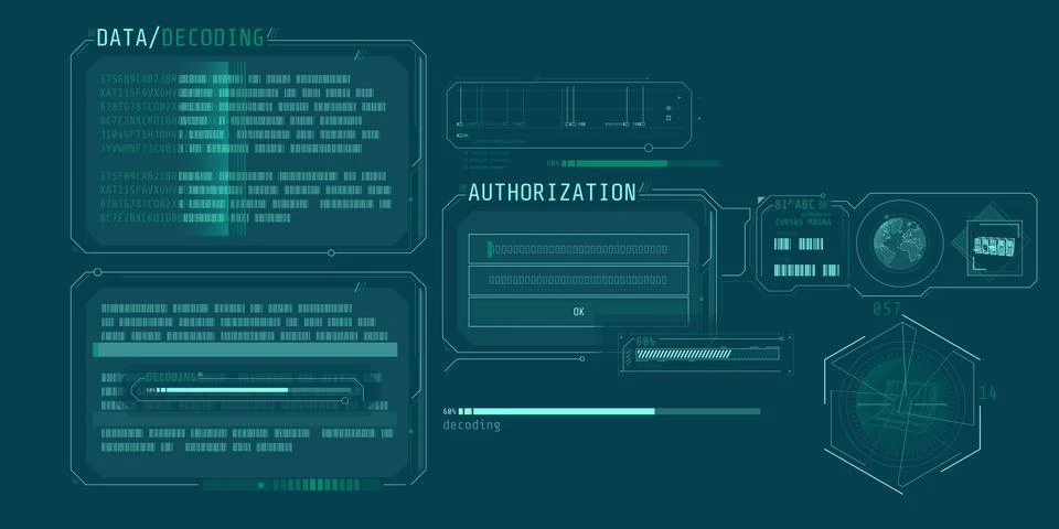 Data decoding program screen with authorization window. Stock Illustration