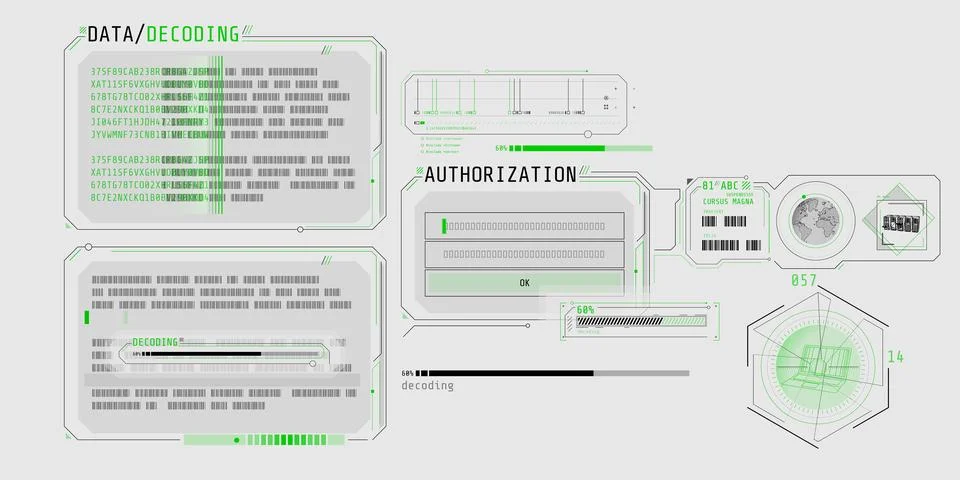 Data decoding program screen with authorization window. Illustrazione stock