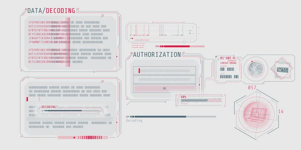 Data decoding program screen with authorization window. Illustrazione stock
