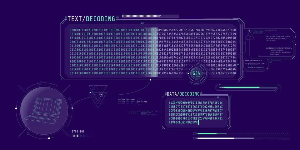 Data decryption screen with text decoding window. Illustrazione stock