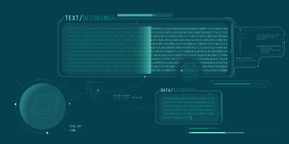 Data decryption screen with text decoding window. Illustrazione stock