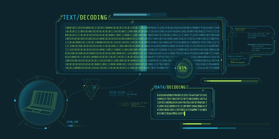 Data decryption screen with text decoding window. Illustrazione stock