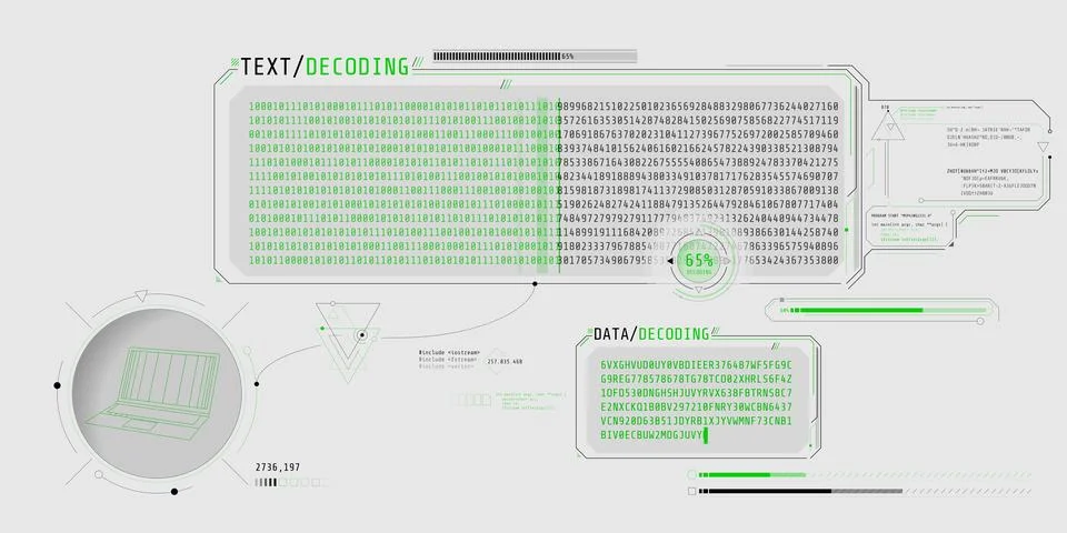 Data decryption screen with text decoding window. Illustrazione stock