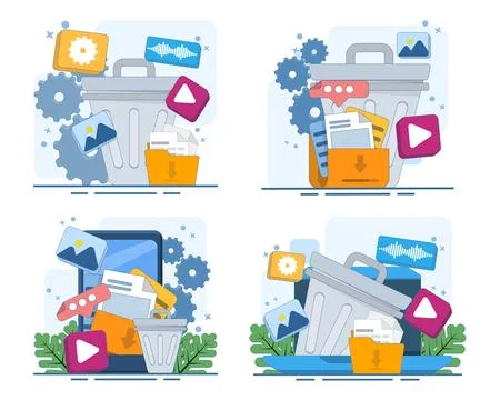 Data deletion set featuring unwanted files, trash bin removal. Illustrazione stock