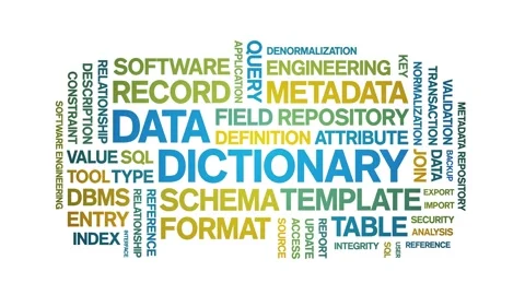 Data Dictionary animated word cloud,animation kinetic typography seamless loop. Video stock 310041434