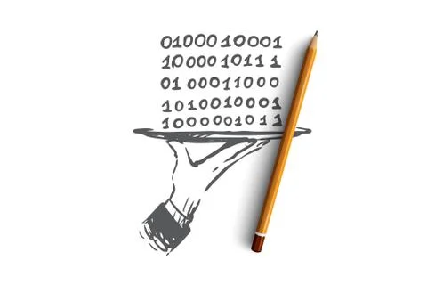Data, digital, abstract, code, binary concept. Hand drawn isolated vector. Stock Illustration