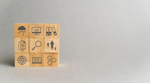 Data discovery concept. Icons of analysis, research and information collectio 스톡 사진