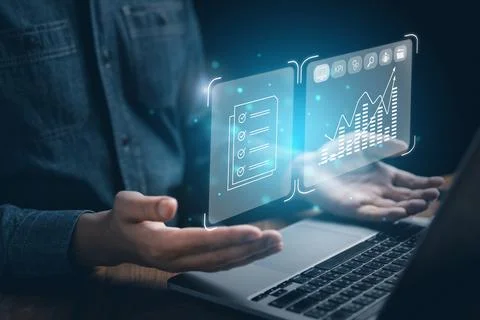 Data document analysis chart on laptop technology Stock Photos