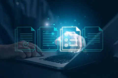 Data document analysis chart on laptop technology Stock Photos