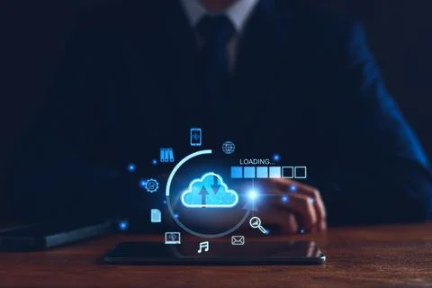 Data download from cloud computing concept. Man using smartphone and comput.. 스톡 사진