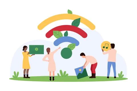 Data download using wireless internet connection by tiny people with video and Stock Illustration