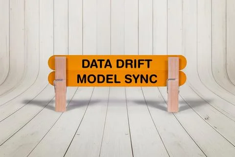 Data Drift, Model Sync word reveal on wodden stick wood texture bg Stock Photos