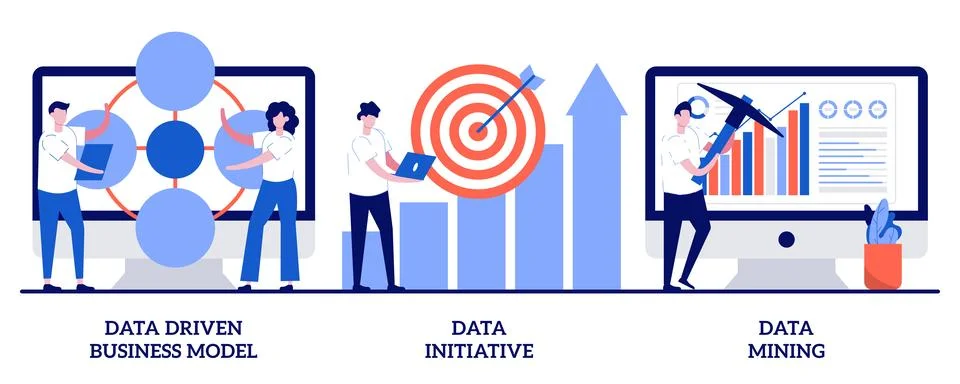 Data driven business model, data initiative, data mining concept with tiny .. Stock Illustration