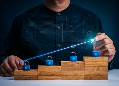 Data-driven cybersecurity growth concept with increasing security levels, d.. Stock Photos