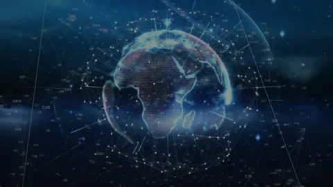 Data-driven globe emerging pulsing nodes radiating beams rotating for Stock Footage 312240768