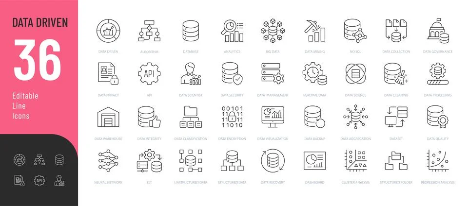 Data Driven Line Editable Icons set. Stock Illustration