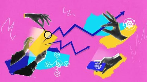 Data-driven optimization. Hands interact with graph lines, magnifying glass Stock Photos