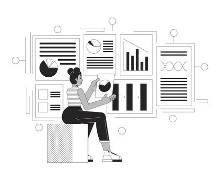 Data-driven product management black and white 2D illustration concept イラスト素材