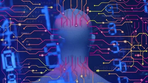 Data driving 3D head rotating away and coming back, traces pulsing and glyphs Stock Footage 334368521