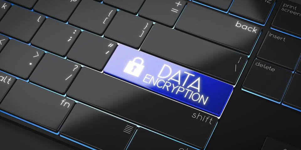 Data encryption - modern computer keyboard - 3D illustration Illustrazione stock