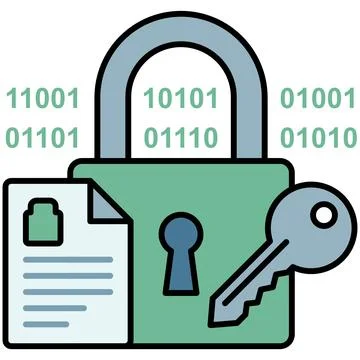 Data encryption padlock with binary code and secure file document. Ilustración de archivo