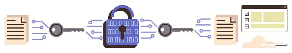 Data Encryption Process with Secure Lock and Keys Connecting Digital Documents Stock Illustration