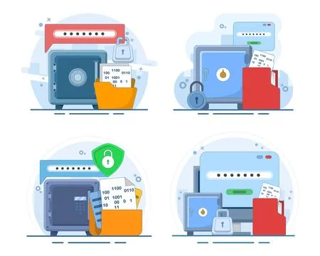 Data encryption security set featuring a digital vault, password protection. Stock Illustration