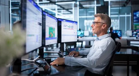 Data Engineer Carefully Monitors Real-time ETL Pipeline Workflow Operations. Stock Photos