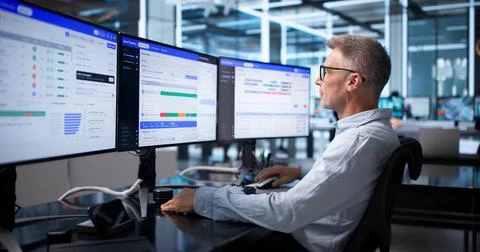 Data Engineer Carefully Monitors Real-time ETL Pipeline Workflow On Computer. Stock Photos